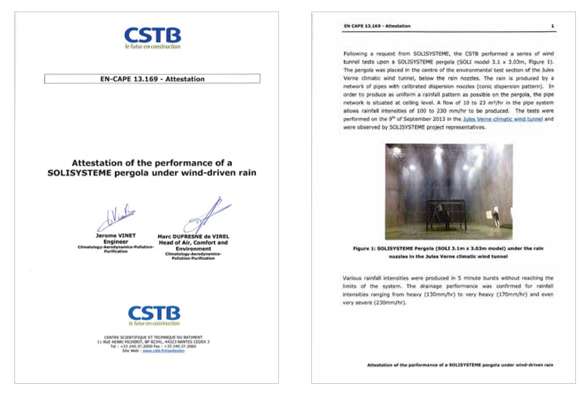 Attestazione CSTB - test di resistenza a pioggia e vento