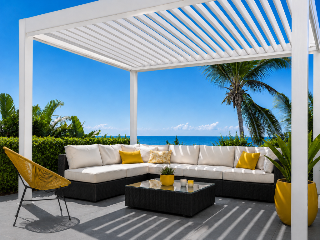 Pergola ADARTE della gamma We Love Standard su una terrazza vista mare